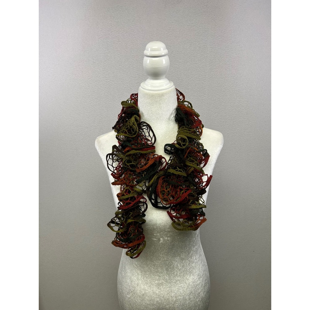 Boho Artsy Womens OS Multi Color Ruffle Mesh Open Knit Scarf‎ Earth Tones